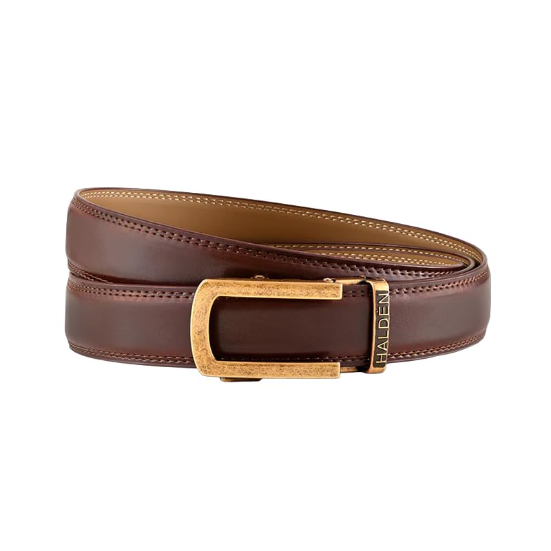 Image of HALDEN BURLEY Men's Brown Ratchet Belt | Auto-Lock Leather Formal Belt with Magnetic Buckle | Adjustable Free Size Fits Up to 44 Inch Waist