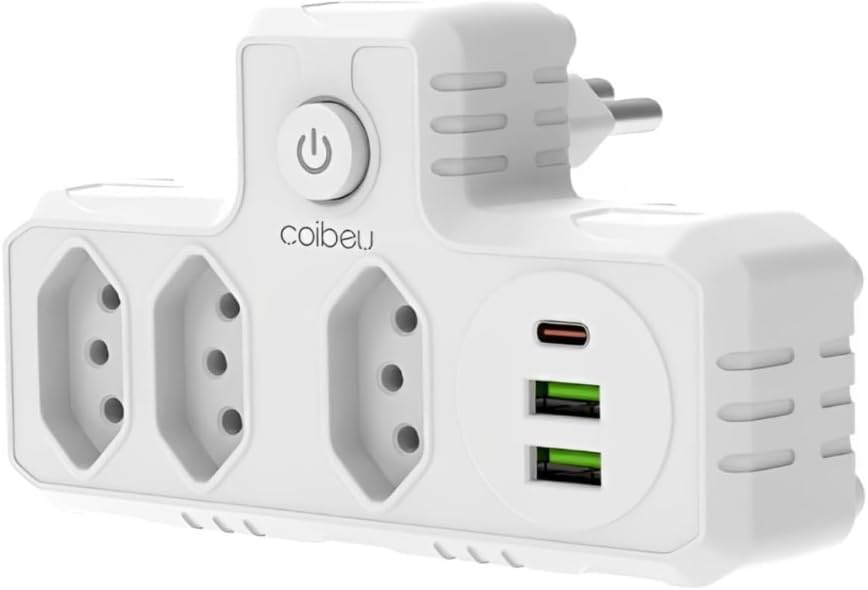 Extensão Elétrica com 3 Tomadas, 2 Portas USB e 1 Tipo-C – Régua de Energia, Adaptador de Tomada para Carregador Celular, Notebook, Eletrodomésticos, Mesa Escritório