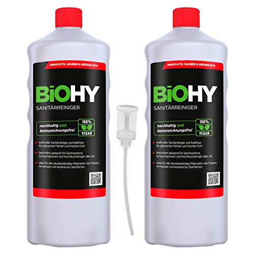 Preisvergleich Produktbild BiOHY Sanitärreiniger (2x1l Flasche) + Dosierer / Kalkzersetzendes Konzentrat für den Sanitärbereich / Badreiniger mit angenehme & frischen Duft / EXTRA STARK