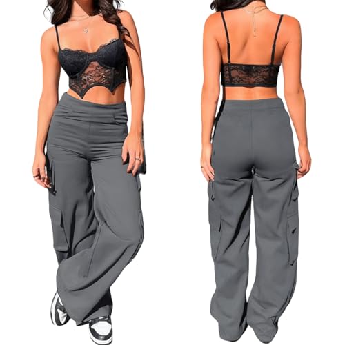 Nuofengkudu Cargohose Damen Weite Hosen Stretch High Waist Cargo Taschen Bootcut Schlaghose Damenhosen mit Gummizug Y2K Teenager Mädchen Arbeitshosen Outdoor – Bild 5