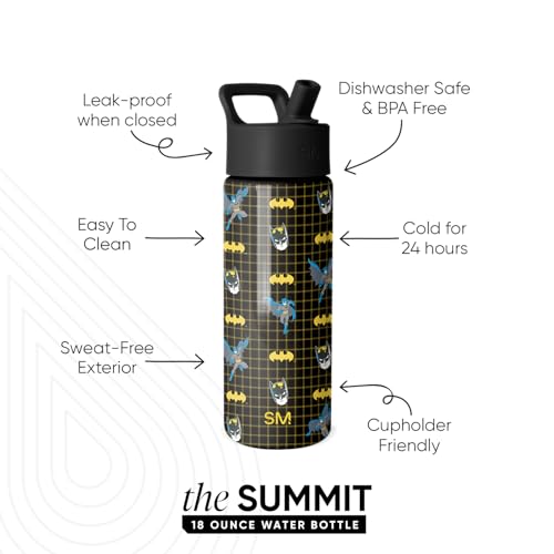 Image of Simple Modern DC Comics Batman Kids Water Bottle with Straw Lid | 18oz Insulated Stainless Steel Kids Tumbler & Spill Proof Toddler Cup for School, Girls, Boys | Summit | Batman Icons