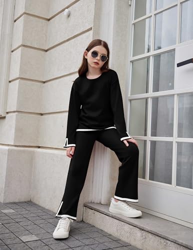 Image of Arshiner Girl's 2 Piece Outfits Long Sleeve Knit Pullover Sweater Tops Wide Leg Pants Casual Fall Sets Tracksuits
