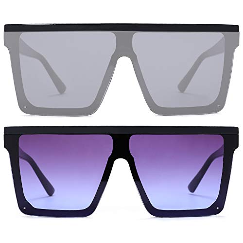 Scvgver Women Square Oversized Sunglasses Fashion Flat Top Shield Rimless Shades Uv400 (Black/Silver Mirrored +Black/Purple) #TOP1