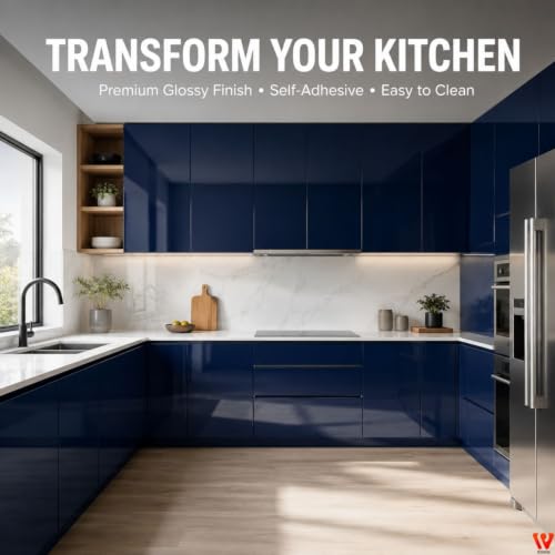 Image of WISDOM Navy Blue Glossy Self Adhesive Wallpaper Peel & Stick Vinyl Contact Paper for Kitchen Cabinets, Furniture, Wardrobe, Tables, Drawers & Home Decor (20X72 in)