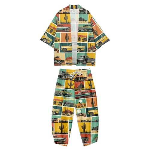 Image of DOSLAVIDA Men's Japanese Kimono Cardigan Suit Chinese Style Printed Jacket Pants Set Open Front Seven Sleeve Top & Shorts