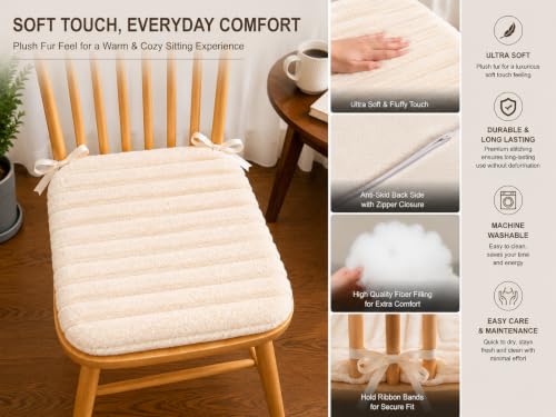 Image of COZY FURNISH Ivory White Solid Fluffy Chair Seat Cushions with Ties, 16x16 Inch Faux Fur Dining Chair Pads with Foam Filling, Pack of 2
