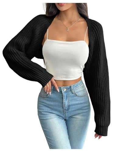 GORGLITTER Women's Long Sleeve Bolero Shrug Open Front Knit Cropped Cardigan Sweater Shrugs Petite-Black Petite-S