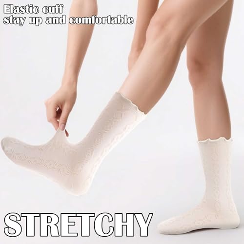 9 Pairs Ruffle Ankle Socks Women, Frilly Mesh Crew Socks Black White Beige4