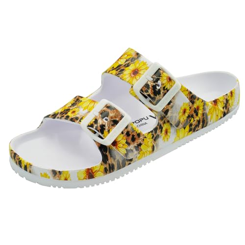 VICT POPU Womens Sandals Adjustable Double Buckle Strap Waterproof EVA Flat Slides 6 Sunflower