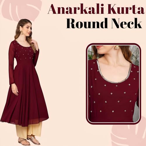 Image of PH POSHAKHUB Georgette Regular Fit Hand Embroidery Anarkali Kurta Set for Women, Yoke Anarkali Kurta for Woman, Ankle Length Anarkali Suit for Women, Full Sleeve Kurti, Dress for Woman