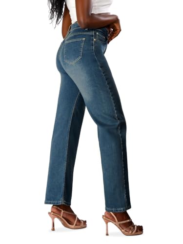 High Waisted Wide Leg Jeans, Classic Dark Blue Denim, Straight Cut3