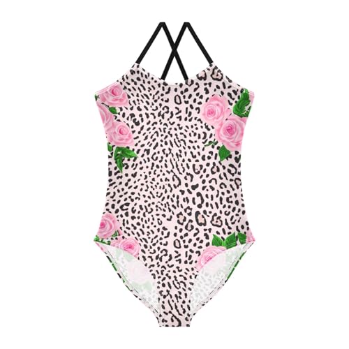 Leopard Pink Roses Swimsuit for Girls One Piece, Spaghetti Straps, Cross Back Design, Ages 3T