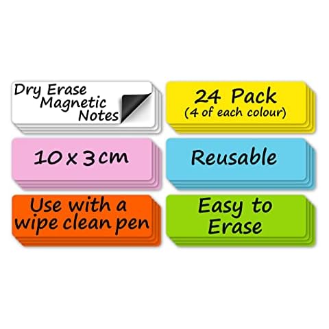 24 Pack - 10x3cm Magnetic Planning Labels in 6 colours for use on Wipe Clean Boards, Fridges etc. Dry Erase Whiteboard Magnetic Tiles for Office, Classroom or Home - Easy to Clean & Reuse Cover