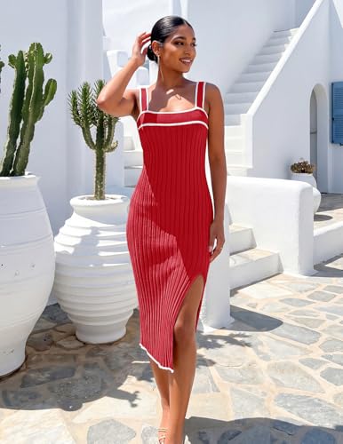 Image of MEROKEETY Womens Summer Striped Bodycon Ribbed Knit Midi Sweater Dress 2026 | Sleeveless Long Tank Dress, Soft, Stretchable, Maternity, Baby Shower, Gender Reveal, Bump Friendly, Beach, Vacation Outfit