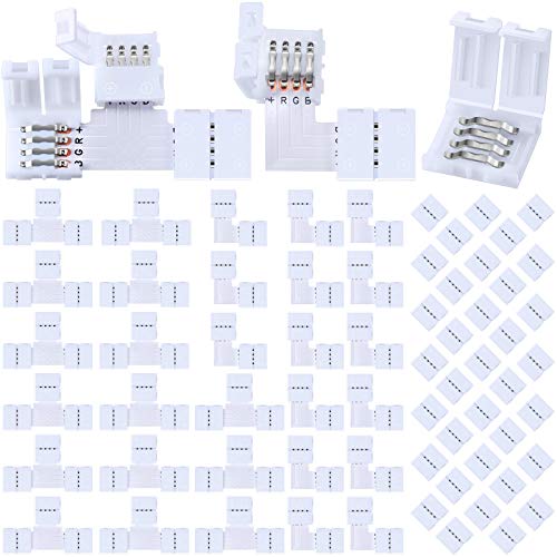 60 Pieces LED Strip Lights Connectors 4-Pin RGB LED Lights Extension T-Shape Solderless LED Adapter Connectors L-Shape 10 mm Solderless Connector for 5050 RGB LED Strip Light
