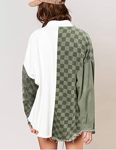 Women's Casual Plaid Splicing Denim Jacket Tassel Rip Loose Button Long Sleeve Coat2