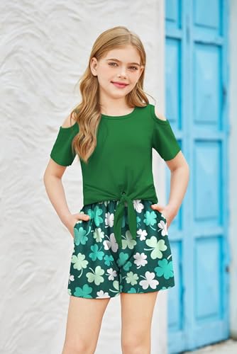 Image of Arshiner Girls Short Sets 2 Pieces Outfits Short Sleeve Tie Knot T-Shirts and Casual Shorts With Pockets Cute Clothes Sets