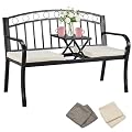 AVAWING Outdoor Metal Garden Bench, 2-Seat Patio Porch Bench with Steel Frame, Park Bench w/Pullout Middle Table? Cushion for Backyard Lawn Deck Entryway, Black