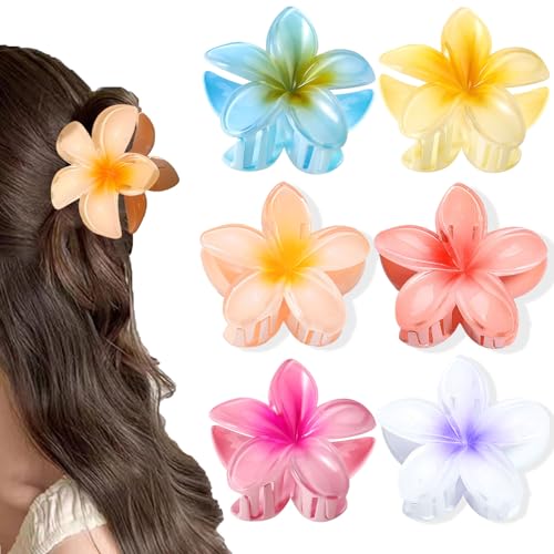BAISEN 6 pcs Color Flower Hair Clips,3.14 inches Large Hawaiian Flower Claw Clip for Women Thin Thick Curly Hair,Strong Non-slip