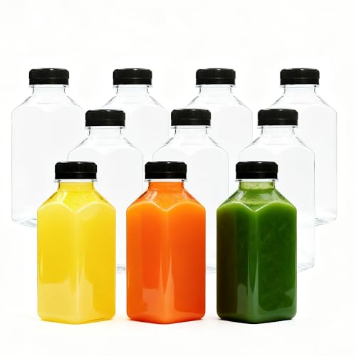 Bouolops 12oz 10pcs Empty Plastic Juice Bottles with Caps,Juice Containers for Juice, Milk and Other Beverages,Clear Juicing Bottles for Food Grade.
