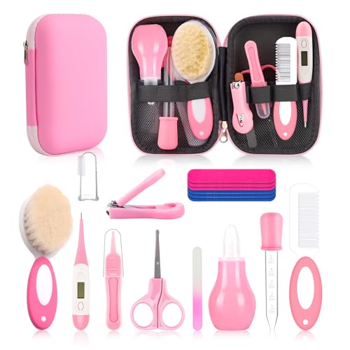 Image of Baby Healthcare and Grooming Kit, Baby Safety Set Newborn Nursery Health Care Set with Hair Brush Scale Measuring Spoon Nail Clippers (Pink 17 in 1)