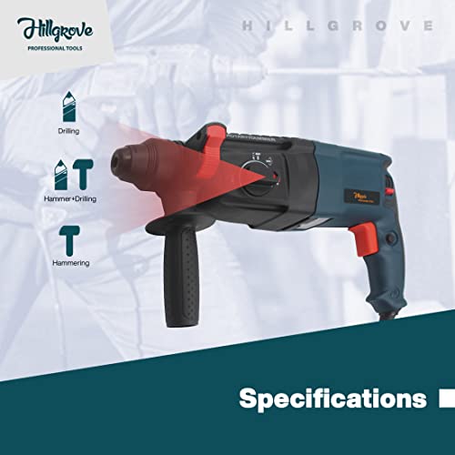 Image of Hillgrove HGHD26DG3 All Purpose 26mm Hammer Impact Drill Machine Forward /Reverse Rotaion with 5 Bits for Making Holes in Metal /Wood /Concrete Hammer Drill (26 mm Chuck Size, 1200 W)