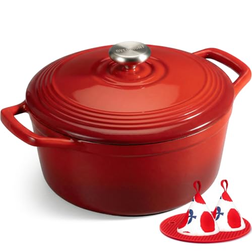Overmont Enameled Cast Iron Dutch Oven - 5.5QT Pot with Wide Handles Lid Cookbook & Cotton Potholders - Heavy-Duty Pre-Seasoned Cookware Oven Safe to 500°F for Braising, Stews, Roasting, Sourdough Baking