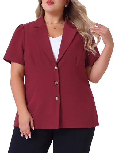 Image of Agnes Orinda Plus Size Women Blazers Short Puff Sleeve Notched Lapel Single Breasted Office Blazer Jackets 2X Burgundy