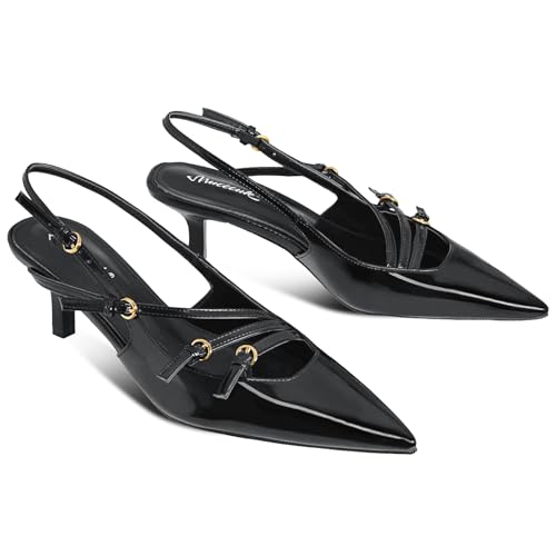MUCCCUTE Black Kitten Heels for Women Pointed Toe Slingback Low Heels with Buckle Strap Heeled Pumps US Size 92