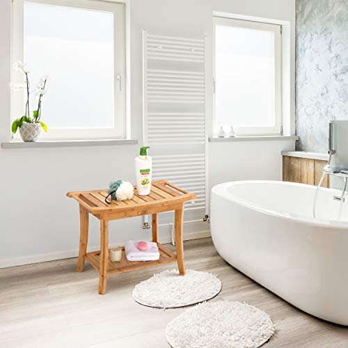 OasisCraft Bamboo Shower Bench Seat with Free Soap Dish, 24" Waterproof Shower Chair with Storage Shelf, Wood Spa Bath Organizer Seat Stool, Perfect for Indoor or Outdoor - Thumbnail 6