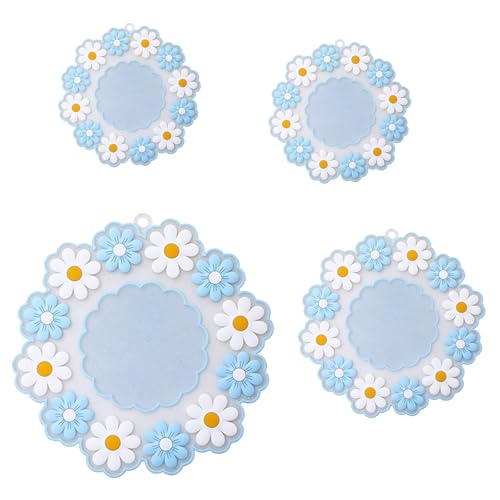 LaresDay Set di 4 sottopentola in silicone, estremamente resistente al calore fino a 280°C, senza BPA e antiscivolo, per pentole, teiere e padelle, base in silicone per la cucina (margherite blu)