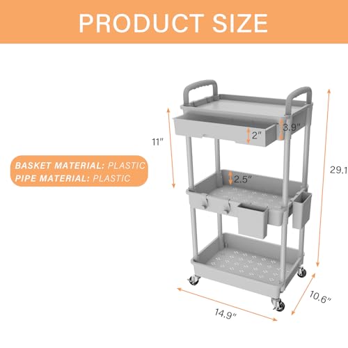 Image of 3 Tier Rolling Utility Cart with Drawer,REBECAT Utility Cart Made of Multifunctional Storage Organizer Tool for Kitchen,Bathroom,Living Room,Office(Gray)