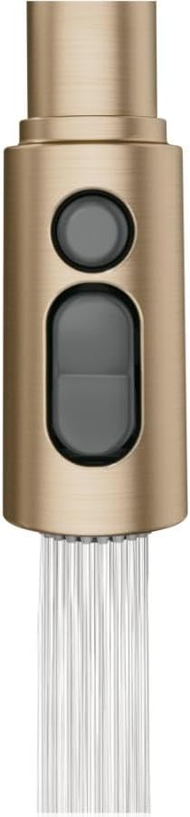 Close-up of the Moen Durani faucet spray head showing the aerated stream mode.