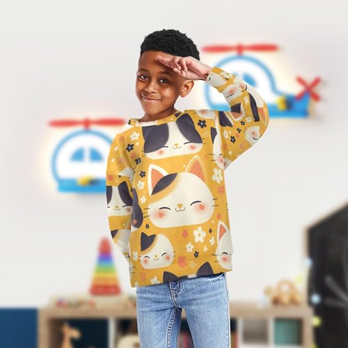 JUNZAN Cute Cartoon Cats Faces Yellow Big Boys Pullover Hoodie Long Sleeve Kids Hoodies Boys Sports 4T4