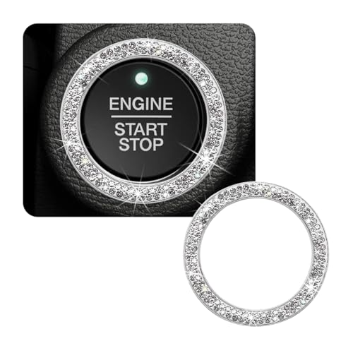 Image of Car Bling Crystal Rhinestone Engine Start Ring Decals, Sparkling Diamond Car Push Start Button Ignition Ring Sticker, Auto Key Ignition Knob Ring Decoration for Women Girls (White)