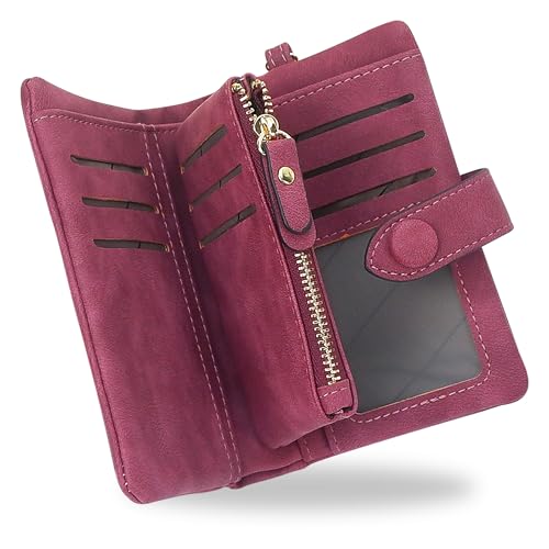 RFID Blocking Wallets for Women, Large Capacity Soft Leather Womens Small Wallet with Wrist Strap (Purple)