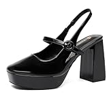 NEWBELLA Women's Square Toe Platform Pumps Slingback Chunky Heels with Adjustable Ankle Strap Party Dress Shoes Black