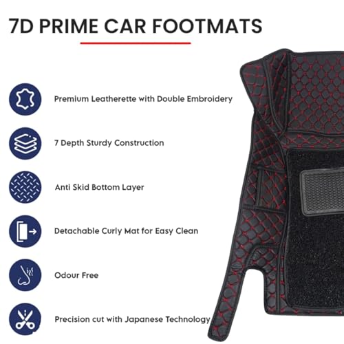 Image of Auto Fusion Premium 7d Car Mats Universal for All Cars | Luxury Double Stitched 7 Layer Protection Car Floor Tray Mats | 100% Waterproof and Washable (Black with Red Stitching, Universal)