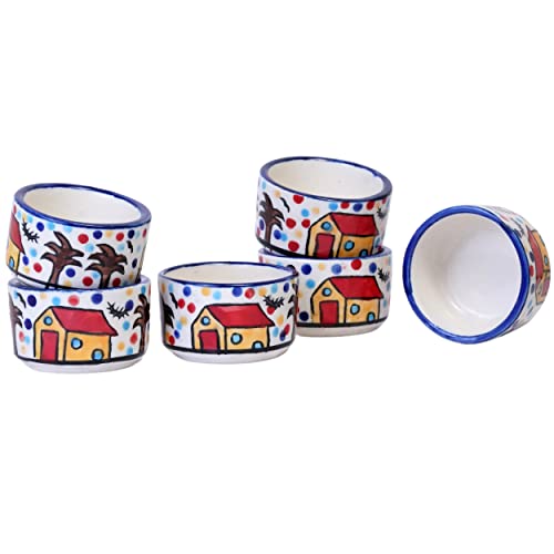 Image of Freakway Handpainted 6 Dips of Hut Ceramic Dip Bowl /Chutney Bowl /Pickle Bowl /Sauce Serving Bowl Set (50 ML, Small, 6-Pieces, Multicolour, Cartoon Shape Round)
