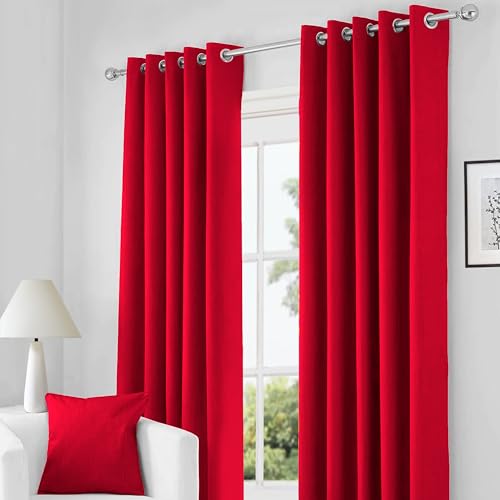 RayyanLinen Readymade Blackout Thermal Eyelet Ring Top Pair of Curtains Including 2 Tiebacks (RED Width 46 x Drop 72)
