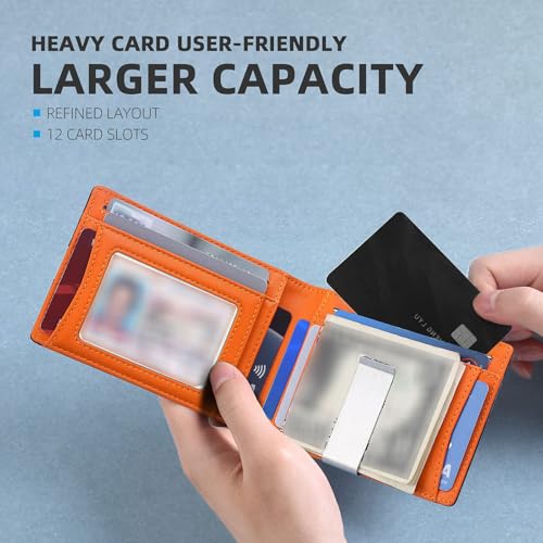 Lanuspro Wallet, Lanuspro Rfid Blocking Elegant Anti-Theft Leather Wallet for Business Men, Lanuspro Front Pocket Bifold Wallet with 6 Card Slots and Id Window (A Orange)4