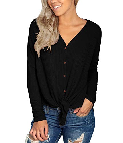 IWOLLENCE Womens Loose Henley Blouse Bat Wing Long Sleeve Button Down T Shirts Tie Front Knot Tops Black Medium