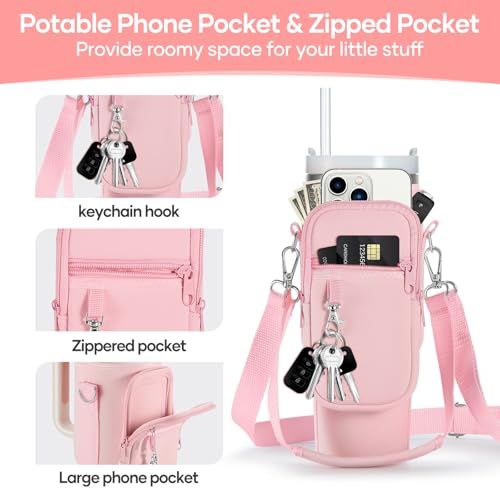 Image of linmaya Water Bottle Carrier Bag with Phone Pocket for Stanley Cup 40 /30oz,Insulated Neoprene Water Bottle Holder Cross-boday Bag with Adjustable Shoulder & Handheld Strap Stanley Cup Accessories