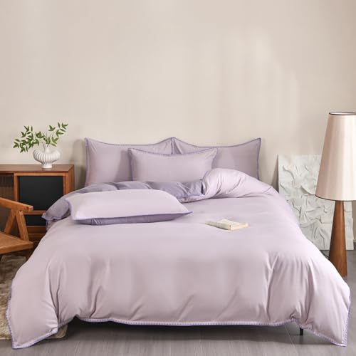 Ovege 布団カバー 3点セット シングル 掛け布団カバー ボックスシーツ 枕カバー 洋式・和式兼用 2方向ジッパー マイヤール ワッペン縫い 100%マイクロファイバー ピーチスキン加工 洗い替え速乾 パープル