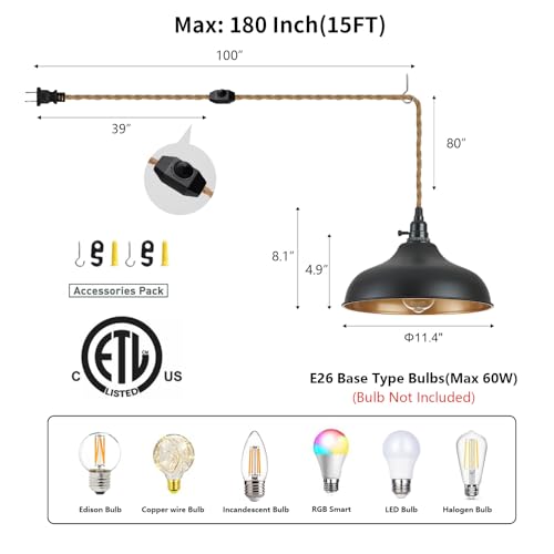Image of Plug in Pendant Lights Dome Hanging Lamp with Dimmable Switch 15 Ft Long Hemp Rope Farmhouse Pndant Light Cord Lighting Fixture DIY Hanging Light