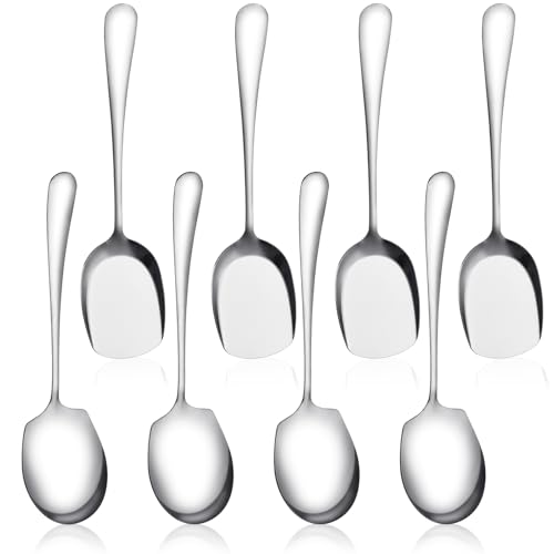 Akamino 8PCS Serving Spoons Large,Round & Square Head Stainless Steel Buffet Serving Spoon,Long Handle Soup Spoons with Mirror Polish Finish,Tablespoons for Kitchen Restauran Dinner Party Family Meals