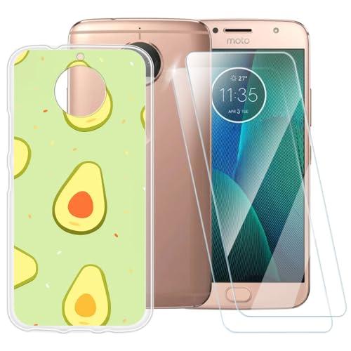Funda con patrón de aguacate compatible con Motorola Moto G5S Plus + [2 unidades] Protector de pantalla de vidrio templado, funda a prueba de golpes para Motorola Moto G5 Plus Special Edition (5.5