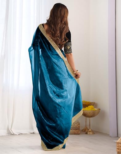 Image of SIRIL Women's Shimmer Net Sequence Embroidery Lace Saree for With Unstitched Blouse Piece