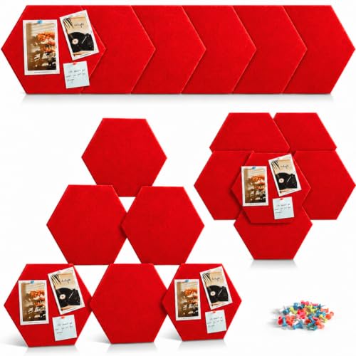 Image of Quiet Canvas Hexagon Pinboard, 1x1 ft, Pack of 8, 50 PushPins, (Red)