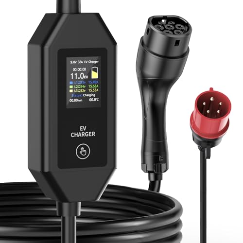 Husgw Cargador para Coche Eléctrico de 11 KW 5.5 M, 6-16 A, Trifásico, con Enchufe CEE Tipo 2 y Pantalla LCD, Estación de Carga Móvil Portátil Compatible con Tesla/IEC 62196-2(11KW-5.5M)